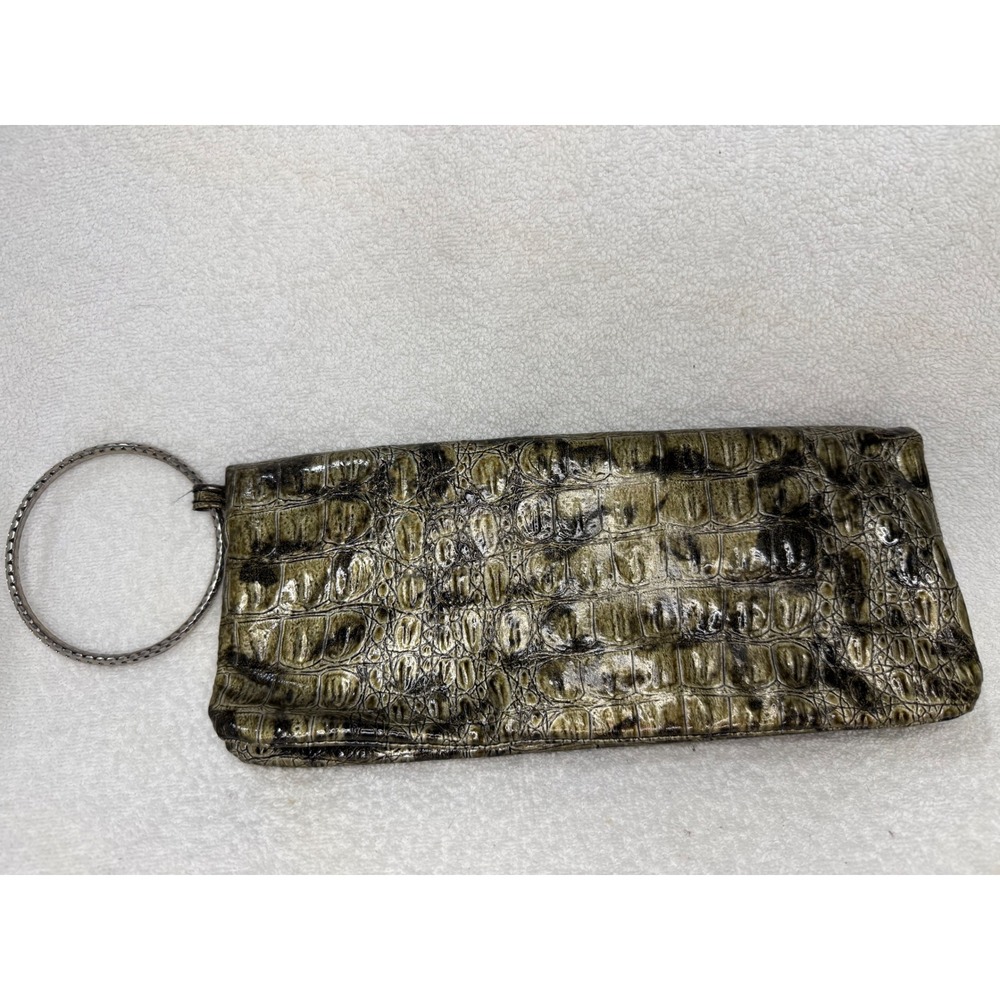 Metallic Olive Green Crocodile Embossed Oversized Foldover Clutch Ring Handle
